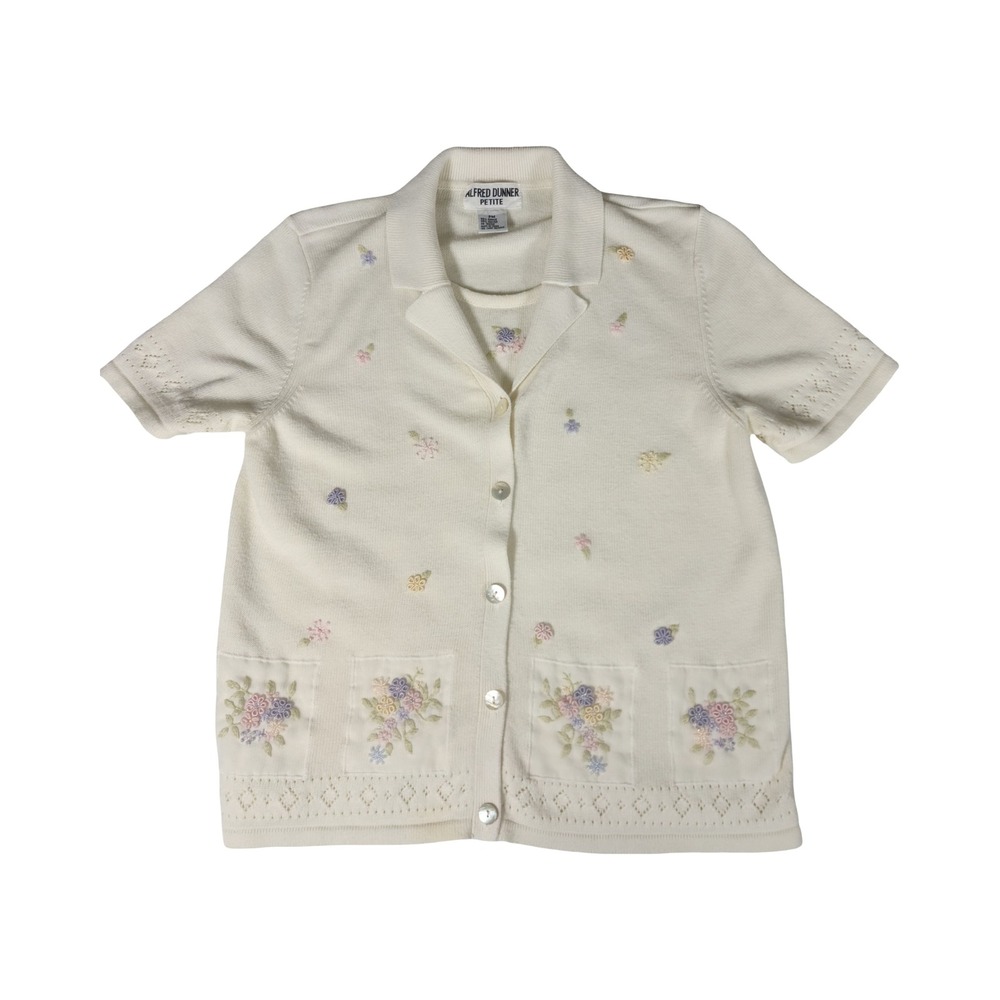 Alfred Dunner Petite Cream Embroidered Floral Button Front Cardigan Sweater PM